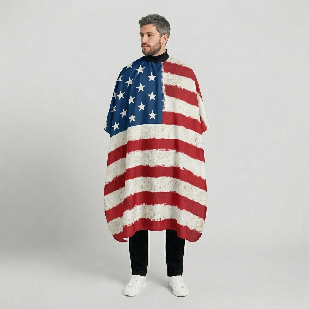 Person wearing an American cutting cape on a plain background