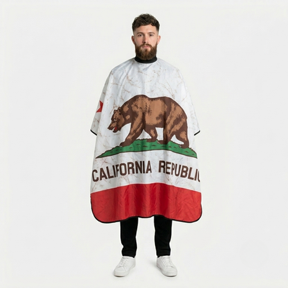 Person wearing a California Republic flag cape on a white background