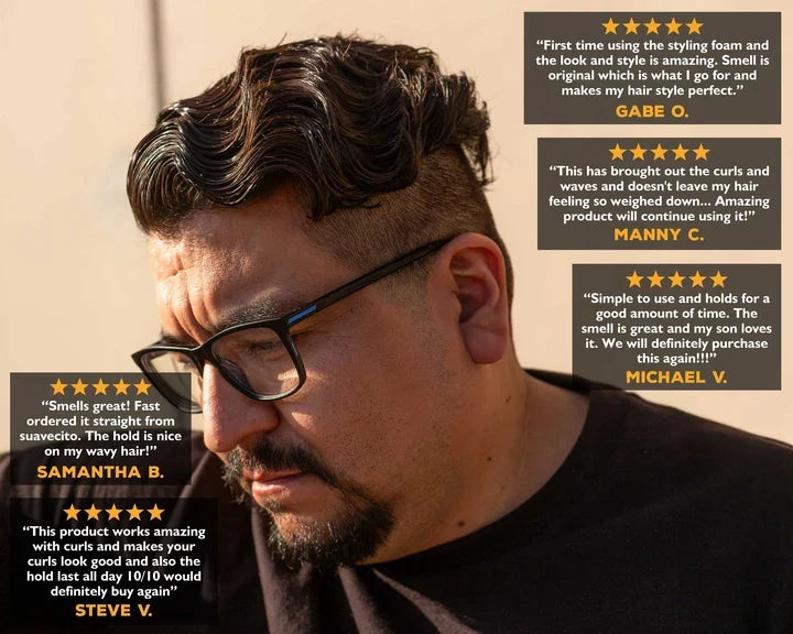 A promotional graphic featuring a man with styled, straight dark hair wearing glasses, alongside multiple customer review text boxes with star ratings on a beige background.